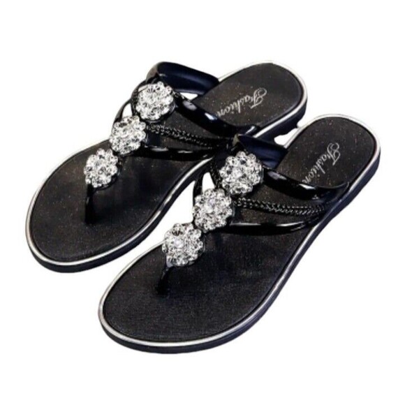Women's (Bling!)-(Rhinestone)-(Flower)-(Flip Flops)-(Black)-(Size:9.5)-(New)-$30 - Picture 5 of 7